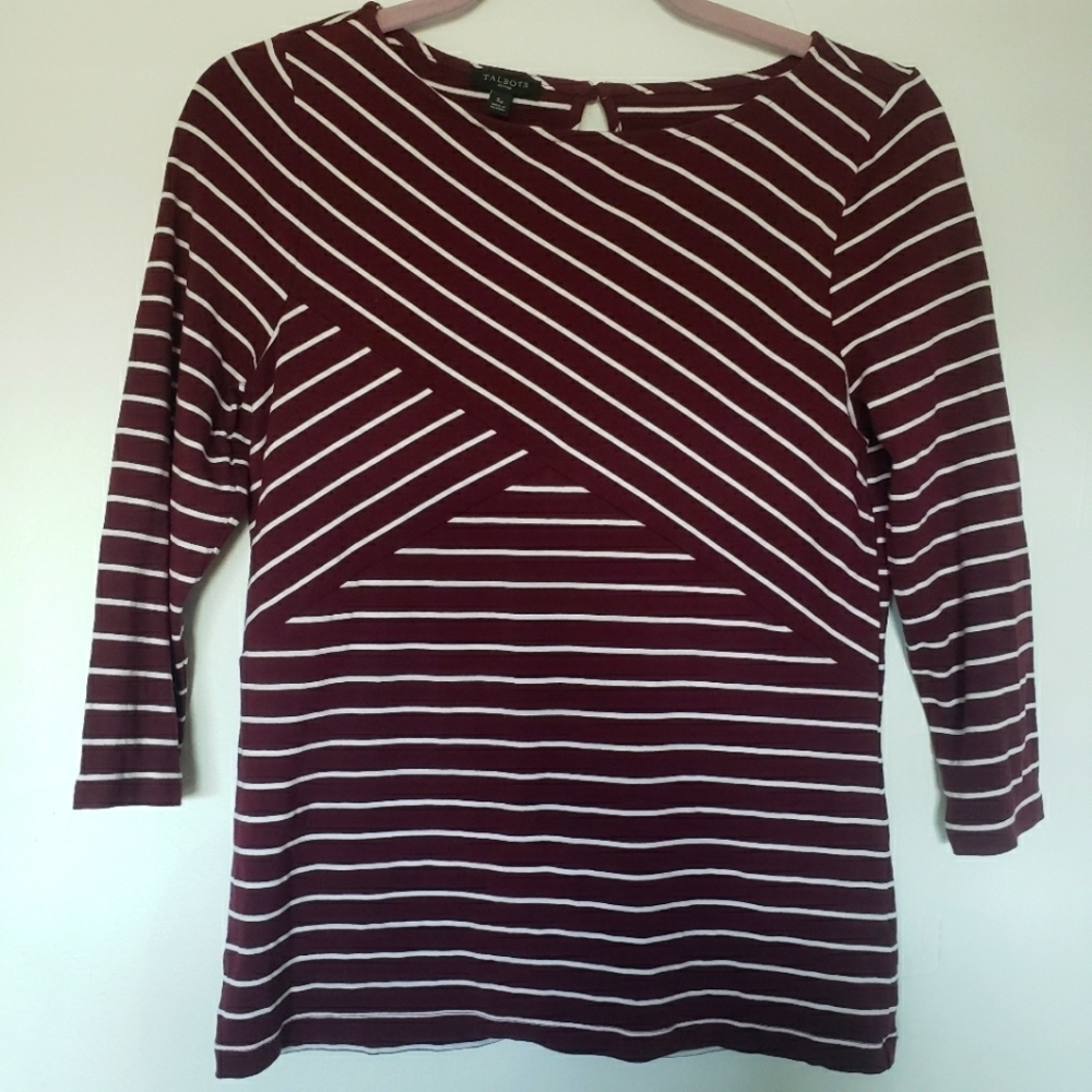 Talbots Burgundy Boat Neck Striped Cross Front Quarter Sleeve Women's Top Sz. SP